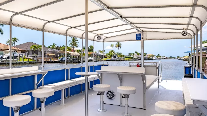 custom designed with comfort, pleasure, and safety in mind with her lounge seating, bar top tables and stools, catering table, Bluetooth sound system, decorative LED lighting, and restroom on board.