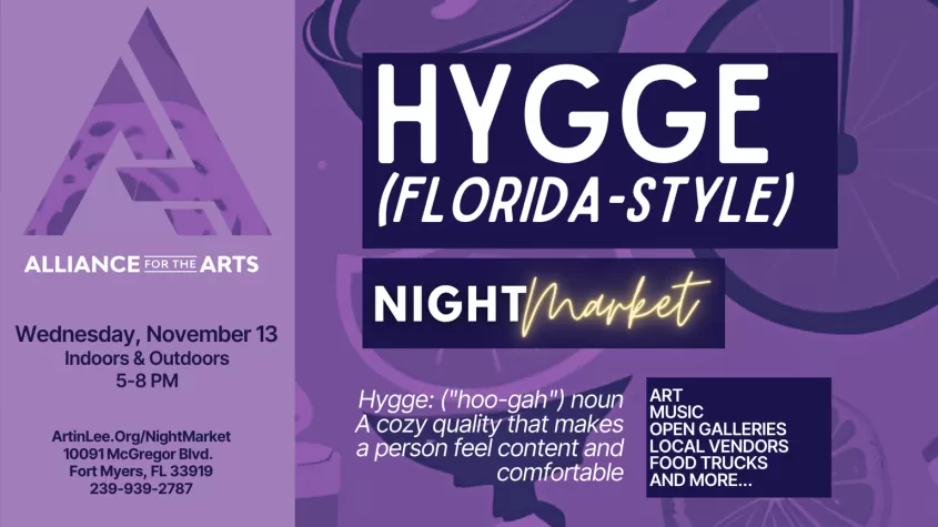 purple graphic with white lettering spelling out hygge night market and the date of November 13