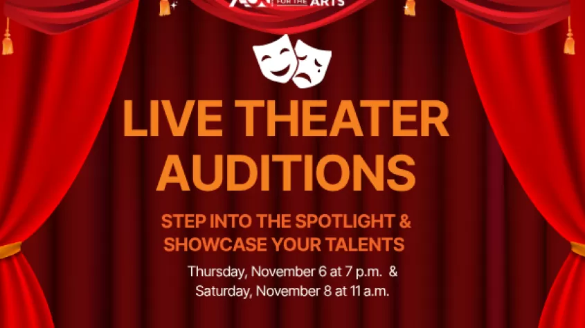 Red curtains with the theatre masks at the top and yellow font depicting the event title, date and times