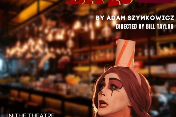 woman in white facepaint dressed as a clown looking up at the title Clown Bar 2 written in circus marquee font with a blurry bar background
