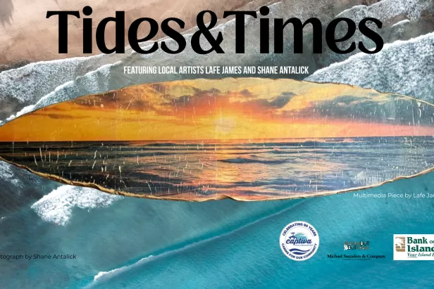 Multimedia wood surfboard art piece layered over photograph of crystal blue waves with title "Tides & Times."
