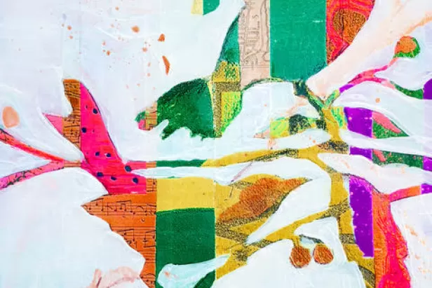 white background with colorful birds and branches  made up of colored paper pieces
